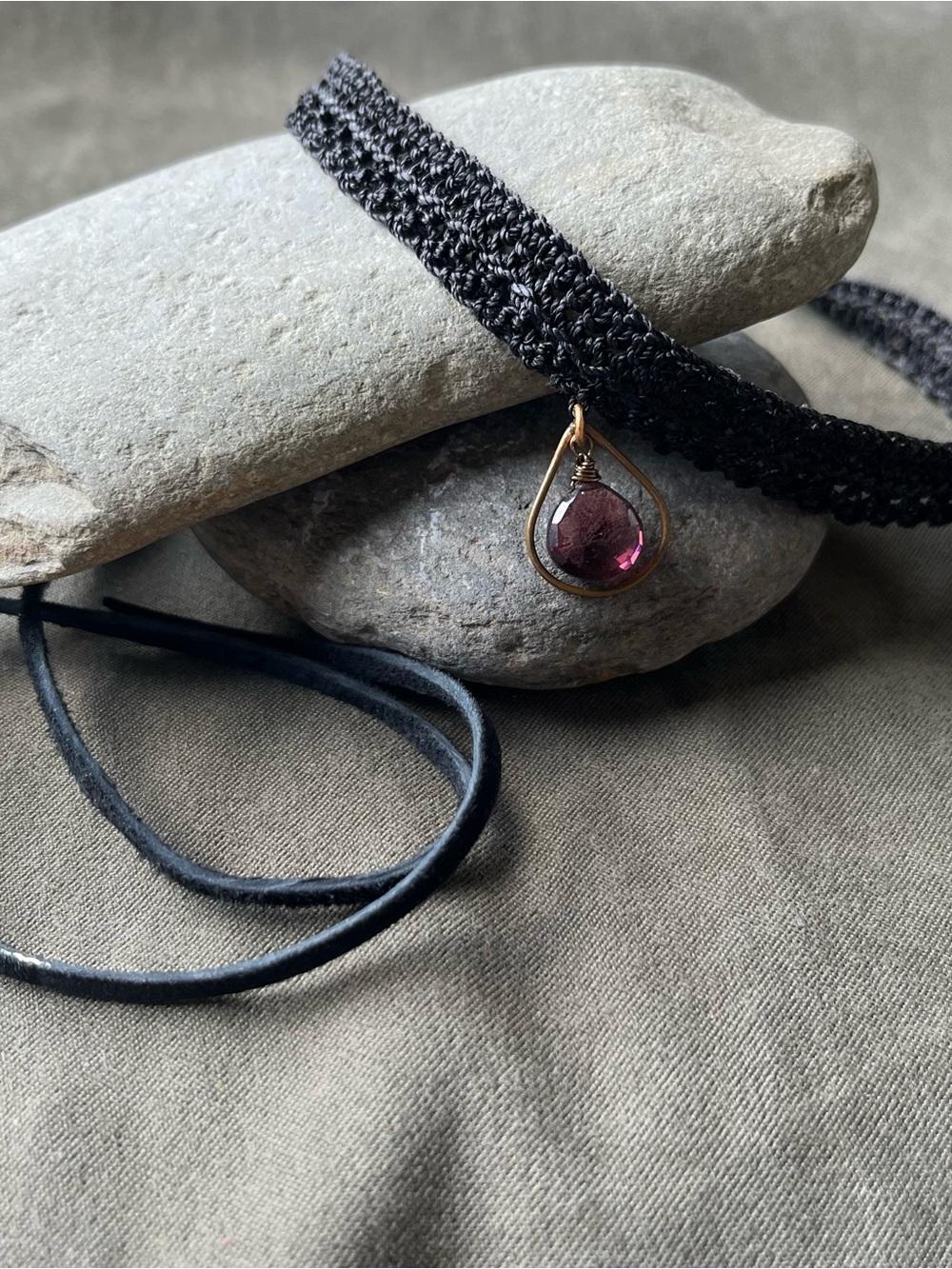 Handmade crocheted thread Black Choker with Purple Teardrop brass Pendant